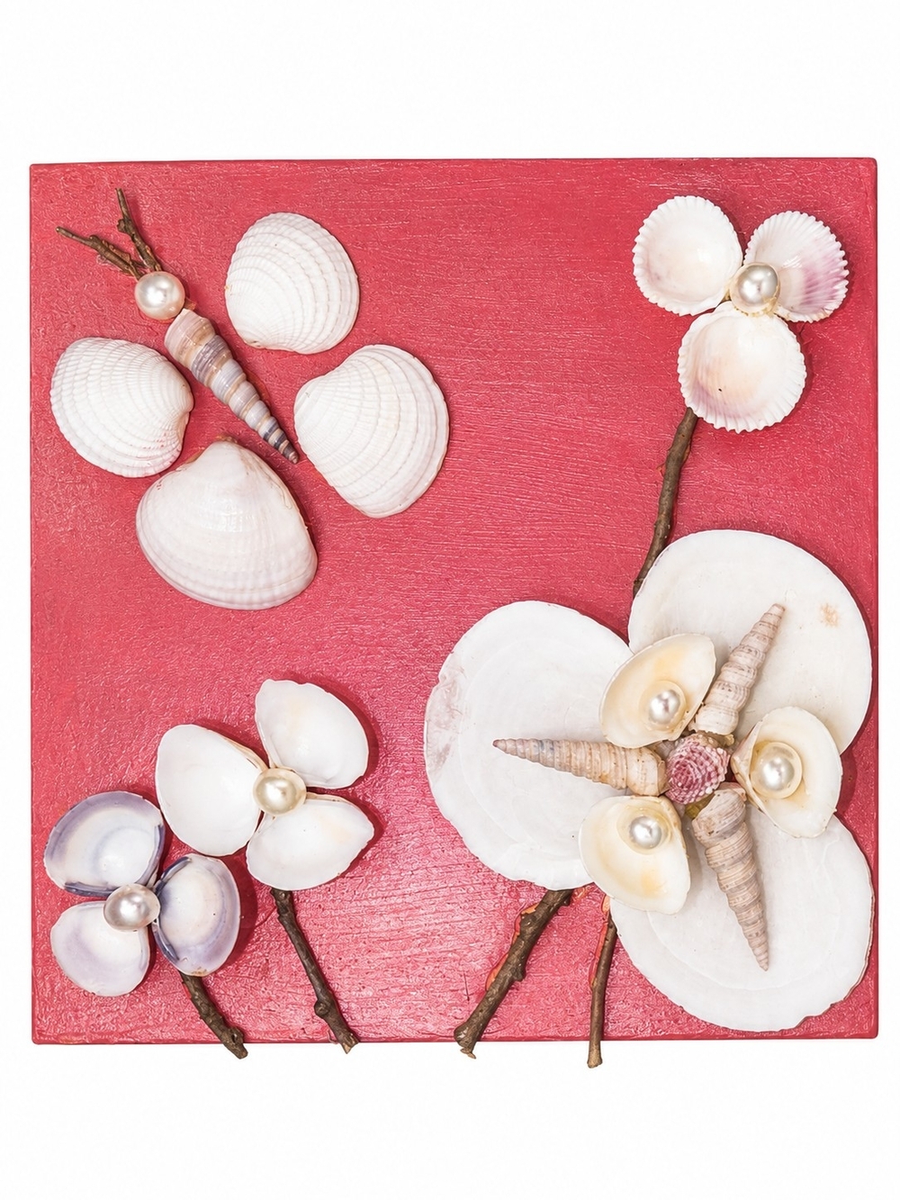 Handmade Seashell Floral Wall Art on Wood Plaque Coastal Cottage Decor Whimsical